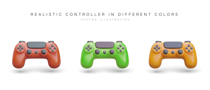 Set of modern game controllers. Realistic image of computer device. Gadgets in different colors. Controller with buttons, regulators. Vector console gamepad