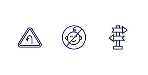set of traffic signs thin line icons. traffic signs outline icons included left hair pin, no children, crossroad vector.
