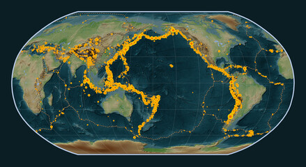 Earthquakes and boundaries on the world map - 180 PM. Robinson © Yarr65