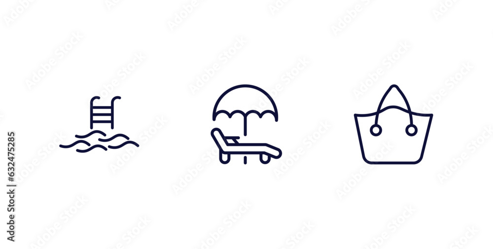 Poster set of summer thin line icons. summer outline icons included swimming pool ladder, sunbed, beach bag vector.