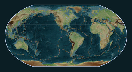 Tectonic plate boundaries on the world map - -90 PM. Robinson - obrazy, fototapety, plakaty