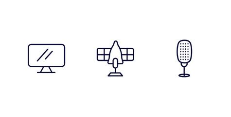 set of technology thin line icons. technology outline icons included simple screen, solar plane, old mic vector.