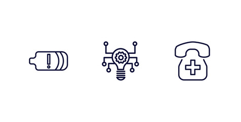 set of technology thin line icons. technology outline icons included battery with two bars, technology, hospital phone vector.