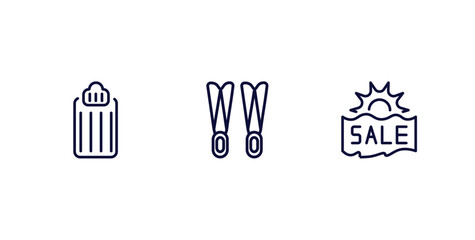 set of summer thin line icons. summer outline icons included air mattress, flippers, summer sale vector.
