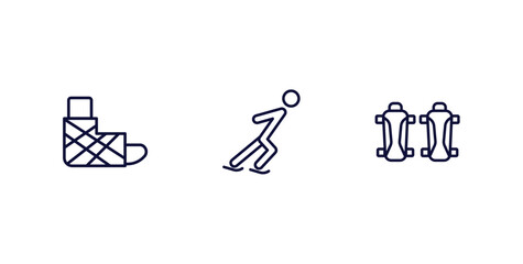set of sport and games thin line icons. sport and games outline icons included sprained ankle, skating, shin guards vector.