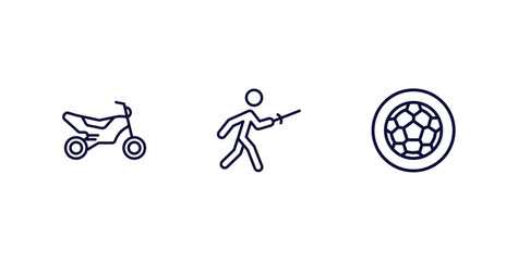 set of sport and games thin line icons. sport and games outline icons included motocross, medieval fencing, football ball circular vector.