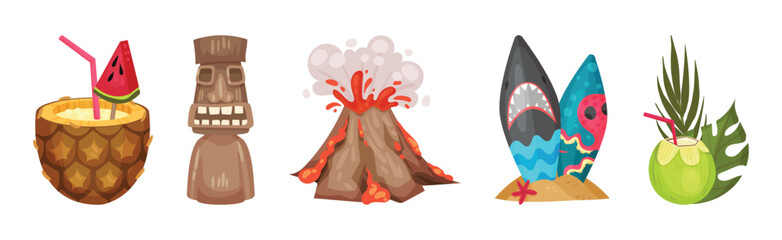 Hawaiian Beach Attributes and Tropical Symbols with Cocktail, Volcano, Surfboard and Wooden Carved Idol Vector Set © Happypictures