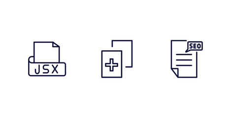 set of information technology thin line icons. information technology outline icons included jsx, duplicate, seo report vector.