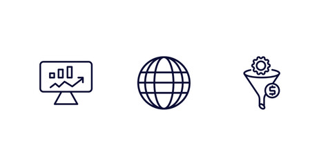 set of information technology thin line icons. information technology outline icons included seo monitoring, web page, seo funnel vector.