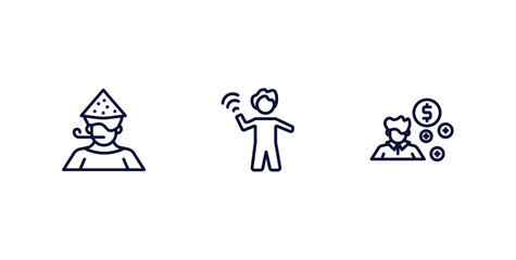 set of people thin line icons. people outline icons included man partying, waving goodbye, book keeper vector.