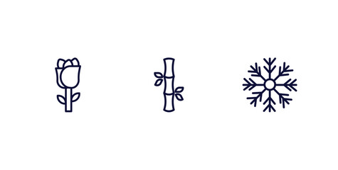 set of nature thin line icons. nature outline icons included roses, bamboo sticks, big snowflake vector.