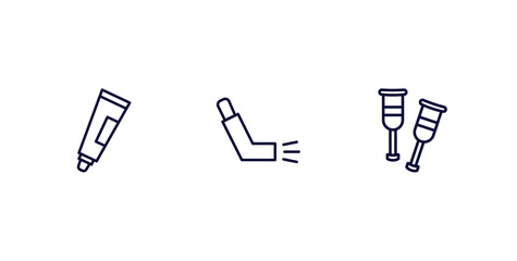 set of medical thin line icons. medical outline icons included ointment, inhalator, crutches vector.