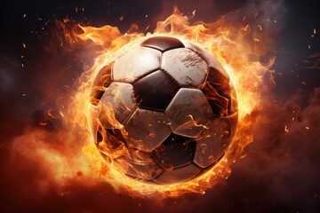 Fototapeta premium Soccer Ball on Fire, Burning Football, Flamy Ball on Black Background. Generative Ai