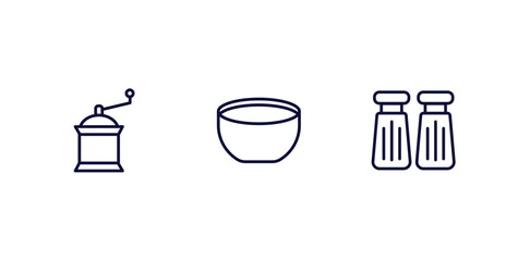 set of kitchen thin line icons. kitchen outline icons included coffee grinder, soup bowl, salt and pepper vector.