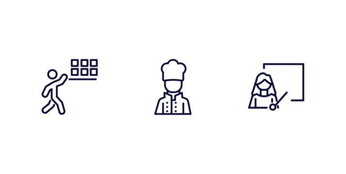 set of humans and behavior thin line icons. humans and behavior outline icons included storekeeper, kitchen chef, teachers vector.