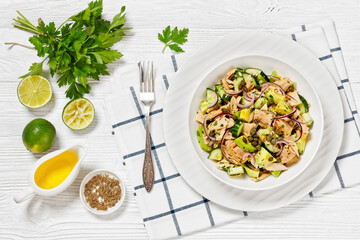 tuna salad with avocado, onion, cucumber, capers