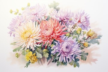 Big chrysanthemum bouquet in watercolor. Beautiful illustration picture. Generative AI