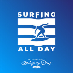 Surfer riding a surfboard in the waves on a blue background. for international surfing day.