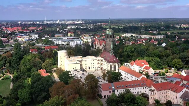 Drone shot, drone video, drone flight, aerial view, flight over the historic castle with castle church and view of the city church St. Marien zu Wittenberg, Luther city Wittenberg, Saxony-Anhalt