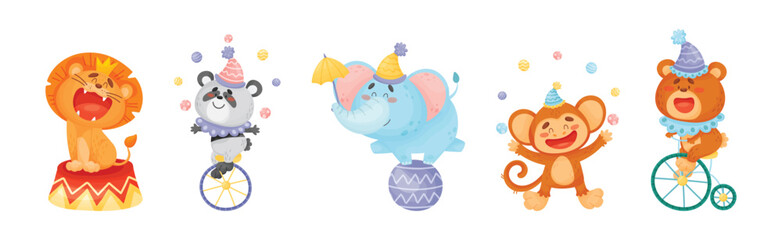 Circus Animal Characters Performing Trick Vector Set