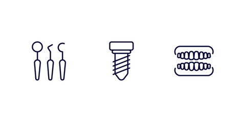 set of dental health thin line icons. dental health outline icons included dentist tools, implant fixture, dentures vector.
