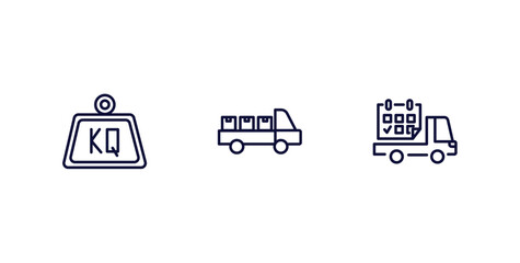 set of delivery and logistics thin line icons. delivery and logistics outline icons included weight, cargo, delivery date vector.