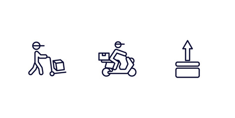 Fototapeta premium set of delivery and logistics thin line icons. delivery and logistics outline icons included delivery man, by motorcycle, side up vector.
