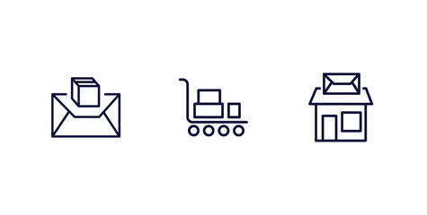 set of delivery and logistics thin line icons. delivery and logistics outline icons included air mail, delivery cart, post office vector.