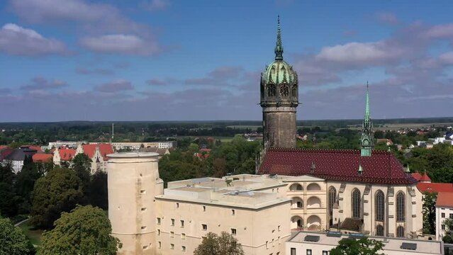 Drone shot, drone video, drone flight, aerial view, close-up, flight to the historic castle church and castle tower, Luther city Wittenberg, Saxony-Anhalt, Germany, Europe