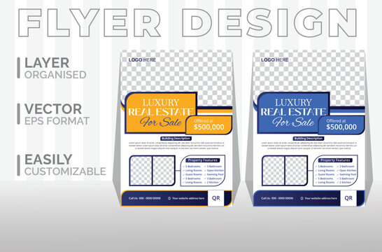 Real estate flyer design template with 2 colors variation, simple and clean vector layout.Real Estate Flyer with Blue, Orange, Red, Yellow & Gradiant Accents.Flyer Layout with Textured Tan Elements.
