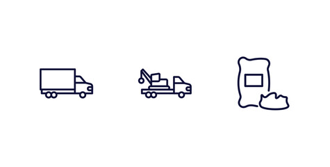set of construction thin line icons. construction outline icons included truck with freight, truck with crane, vector.