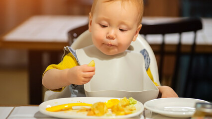 Cute child in bib eats dish with hands sitting at table in restaurant. Dish for children. Concept...