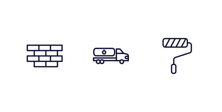 set of construction thin line icons. construction outline icons included brickwall, fuel truck, roller and paint vector.