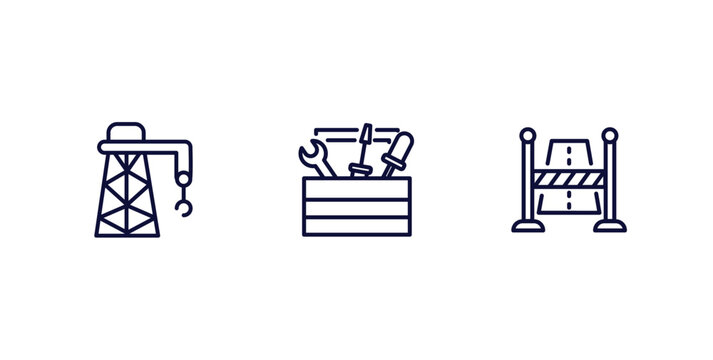 set of construction thin line icons. construction outline icons included derrick facing right, tool bag, road stopper vector.