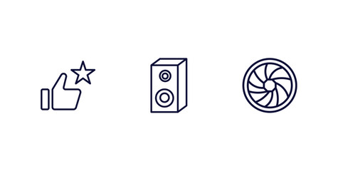 set of cinema and theater thin line icons. cinema and theater outline icons included thumb up with star, loud woofer box, camera lens vector.