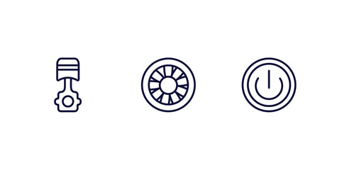 set of car parts thin line icons. car parts outline icons included car piston, hubcap, ignition vector.