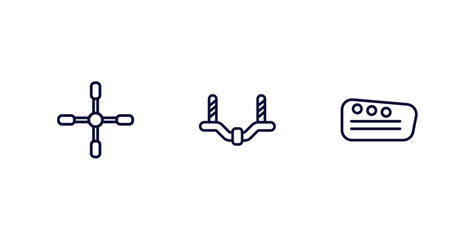 set of car parts thin line icons. car parts outline icons included car wheel nut, anti-roll bar, reversing light vector.