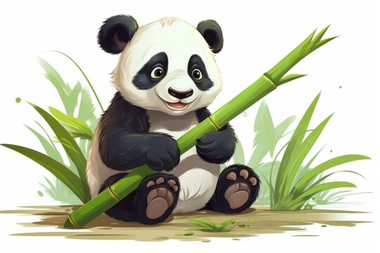 Cartoon panda sitting down with bamboo stick. Beautiful illustration picture. Generative AI