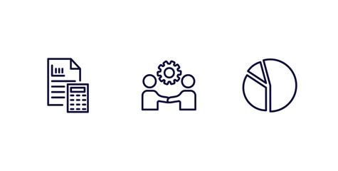 set of business and analytics thin line icons. business and analytics outline icons included accounting, partnership, circular chart vector.