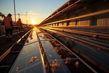Workers are currently installing solar panels in a vast area, making it a large-scale solar installation project. Generated with AI