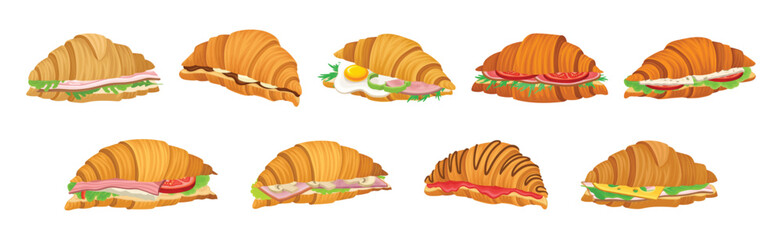 French Crunchy Croissants with Different Stuffing Vector Set