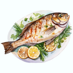 Grilled fish on a plate with lemon and salad Dish illustration