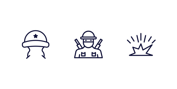 set of military and war and thin line icons. military and war outline icons included military helmet, infantry, explosive vector.