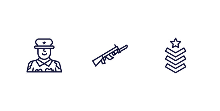 set of military and war and thin line icons. military and war outline icons included lieutenant, bayonet on rifle, chevrons vector.