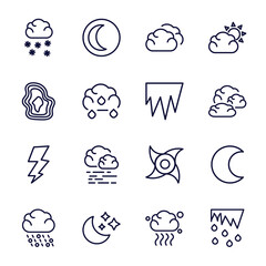 set of weather thin line icons. weather outline icons such as snow cloud, cumulus, isobars, icy, bolt, hail, twilight, smog, thaw vector. - obrazy, fototapety, plakaty