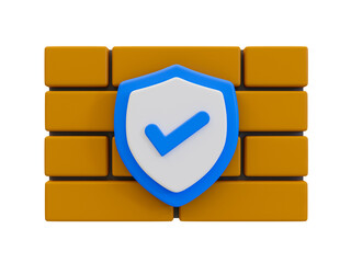 3d minimal firewall protection. device security system. data protection. brick wall with a guard shield and checkmark. 3d illustration.