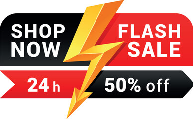 Flash sale shop now price off advertising banner with lightning isometric vector illustration