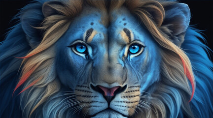 A colorful lion with a blue eye and a black background by Generative AI
