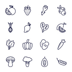 set of vegetables and fruits thin line icons. vegetables and fruits outline icons such as grapefruit, asparagus, onion, spinach, arugula, mushroom, broccoli, papaya, pea vector.