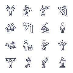 set of feeling and reaction thin line icons. feeling and reaction outline icons such as super human, pissed human, content human, lazy helpless pumped angry hot confident vector.